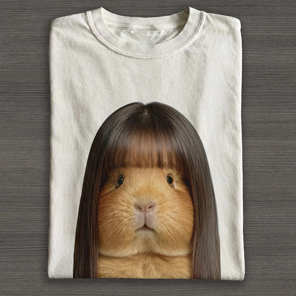 Realistic Guinea Pig With Long Straight Bangs Hair Funny Surreal Graphic Cotton T-shirt 