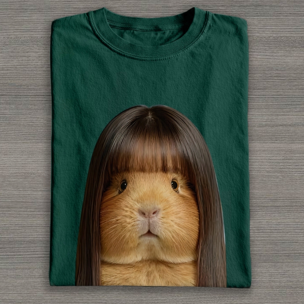 Realistic Guinea Pig With Long Straight Bangs Hair Funny Surreal Graphic Cotton T-shirt 