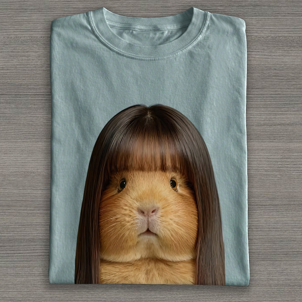 Realistic Guinea Pig With Long Straight Bangs Hair Funny Surreal Graphic Cotton T-shirt 