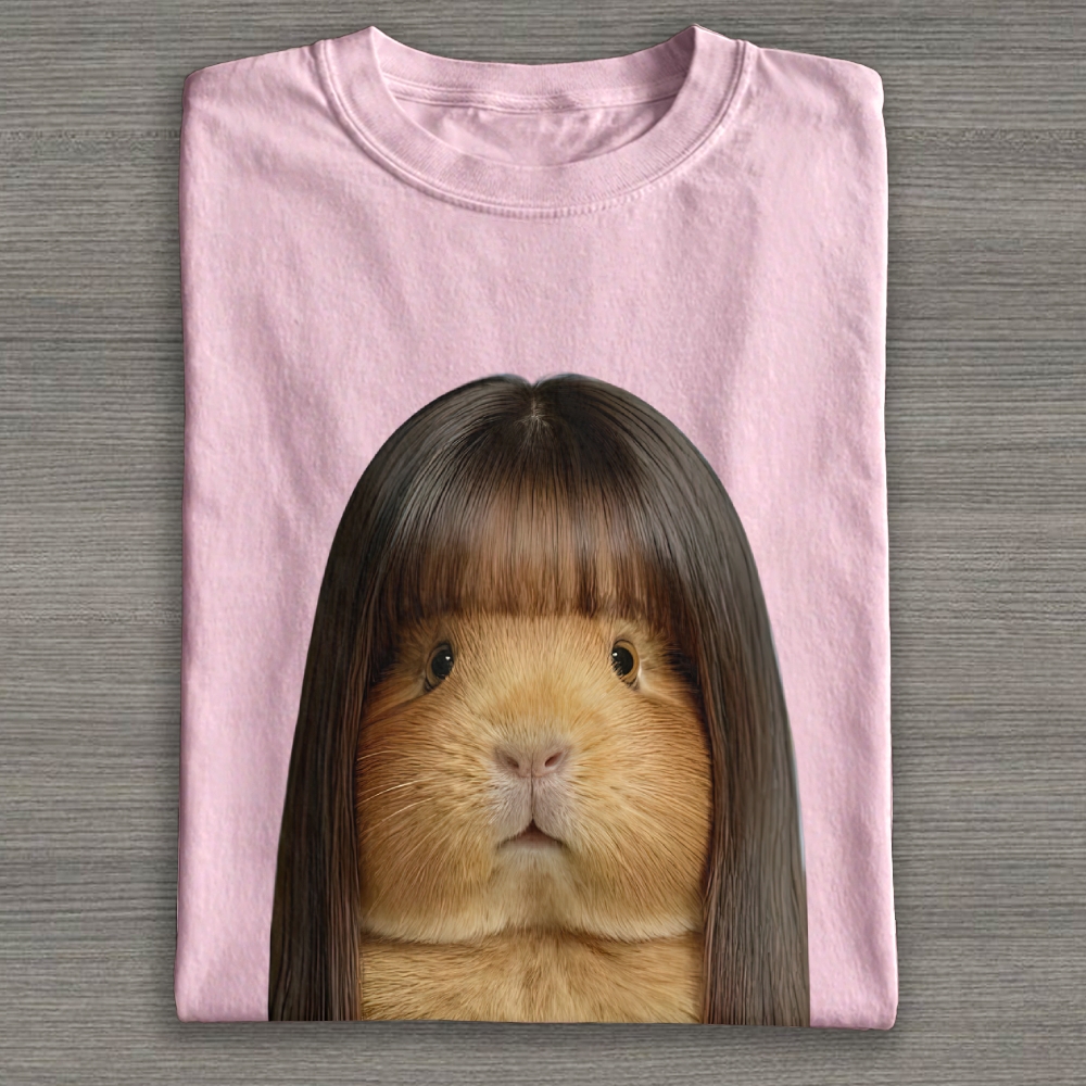 Realistic Guinea Pig With Long Straight Bangs Hair Funny Surreal Graphic Cotton T-shirt 