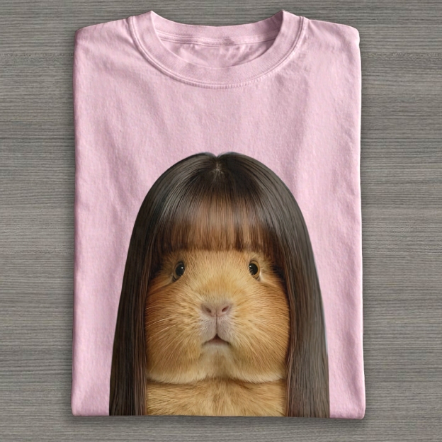 Realistic Guinea Pig With Long Straight Bangs Hair Funny Surreal Graphic Cotton T-shirt 