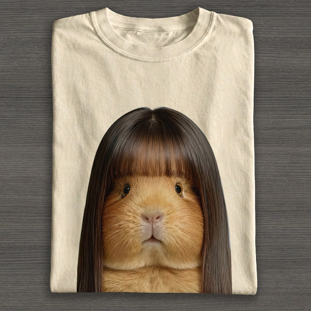Realistic Guinea Pig With Long Straight Bangs Hair Funny Surreal Graphic Cotton T-shirt 