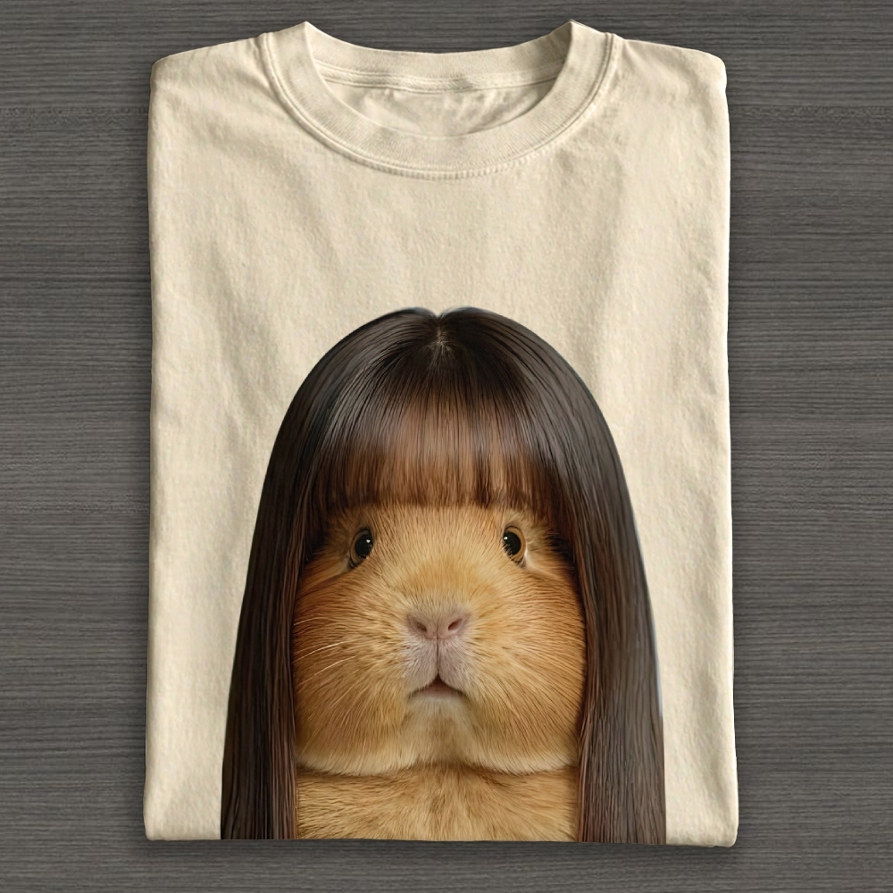 Realistic Guinea Pig With Long Straight Bangs Hair Funny Surreal Graphic Cotton T-shirt 