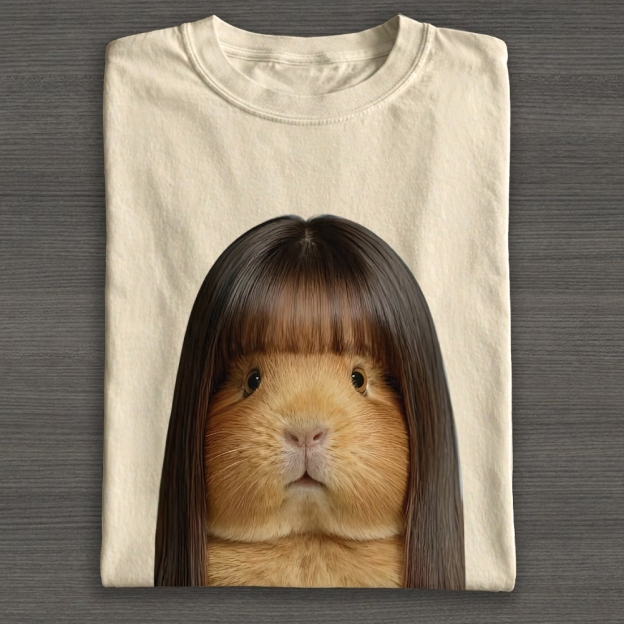 Realistic Guinea Pig With Long Straight Bangs Hair Funny Surreal Graphic Cotton T-shirt 