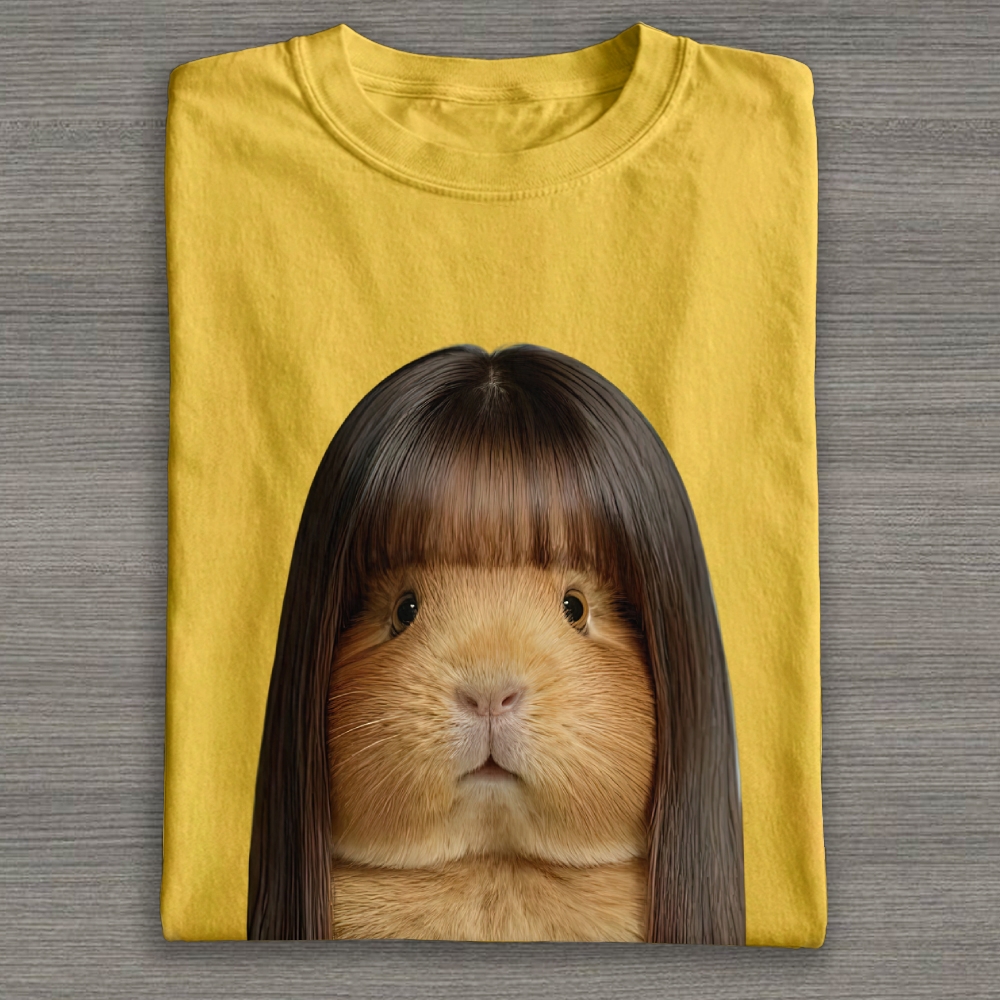 Realistic Guinea Pig With Long Straight Bangs Hair Funny Surreal Graphic Cotton T-shirt 