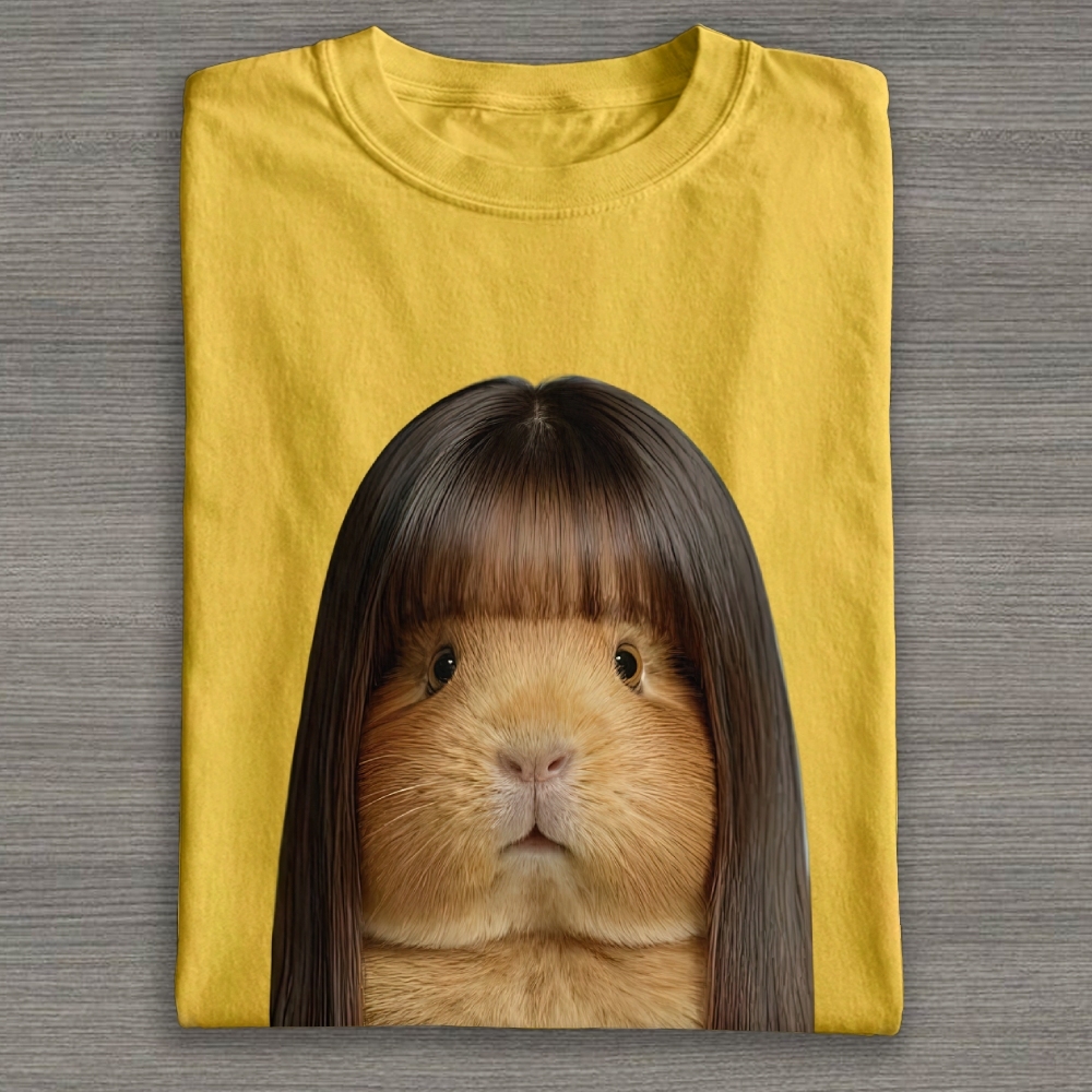 Realistic Guinea Pig With Long Straight Bangs Hair Funny Surreal Graphic Cotton T-shirt 