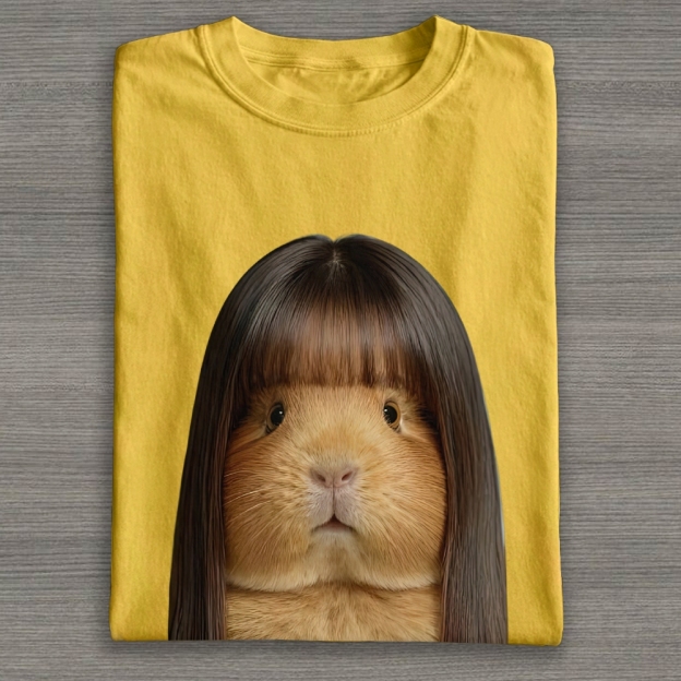 Realistic Guinea Pig With Long Straight Bangs Hair Funny Surreal Graphic Cotton T-shirt 