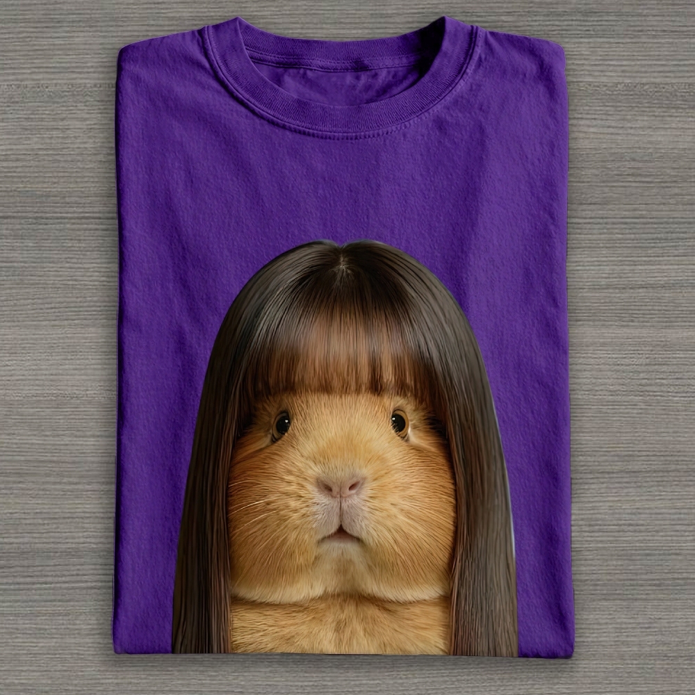 Realistic Guinea Pig With Long Straight Bangs Hair Funny Surreal Graphic Cotton T-shirt 