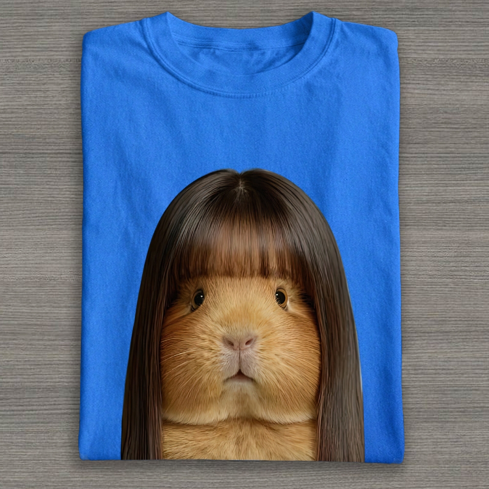 Realistic Guinea Pig With Long Straight Bangs Hair Funny Surreal Graphic Cotton T-shirt 