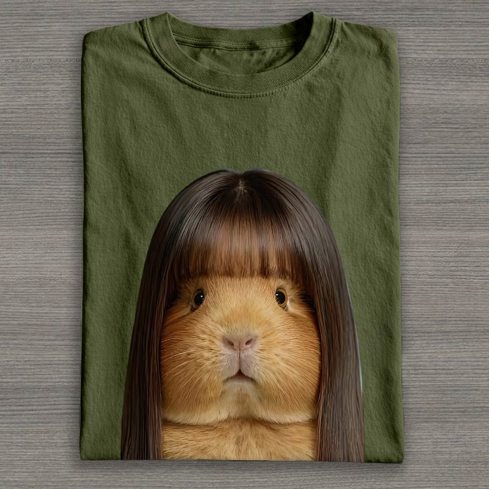 Realistic Guinea Pig With Long Straight Bangs Hair Funny Surreal Graphic Cotton T-shirt 
