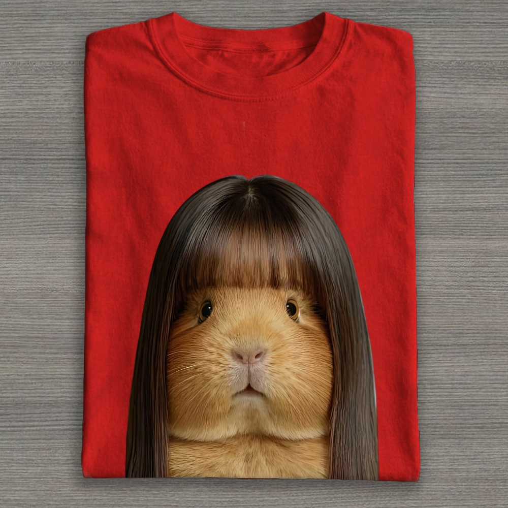 Realistic Guinea Pig With Long Straight Bangs Hair Funny Surreal Graphic Cotton T-shirt 