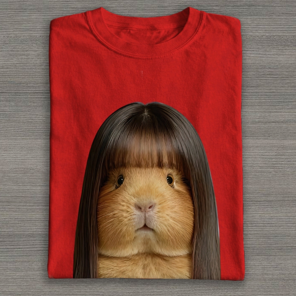 Realistic Guinea Pig With Long Straight Bangs Hair Funny Surreal Graphic Cotton T-shirt 