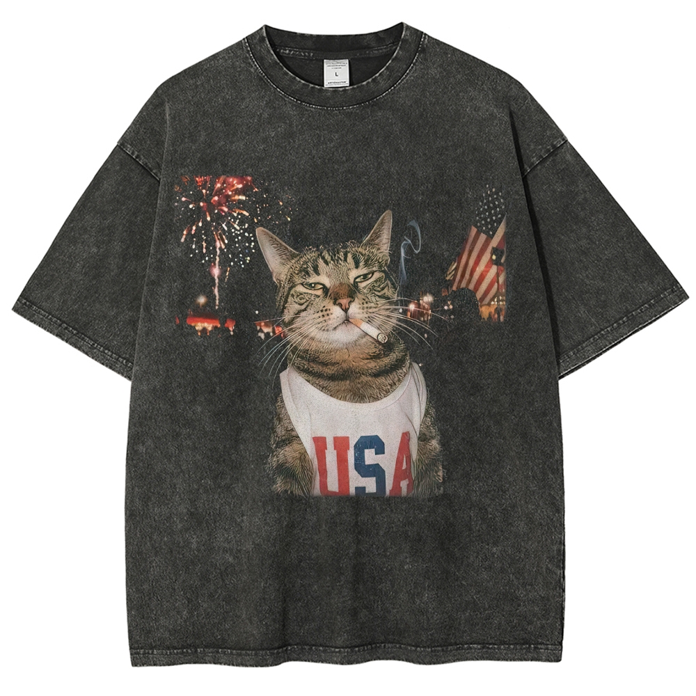USA Smoking Tabby Cat Fireworks Patriotic Vintage Washed T-Shirt