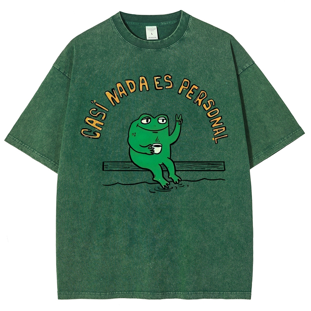 Cartoon Peace Sign Coffee Frog Spanish Chill Quote Vintage Washed T-Shirt