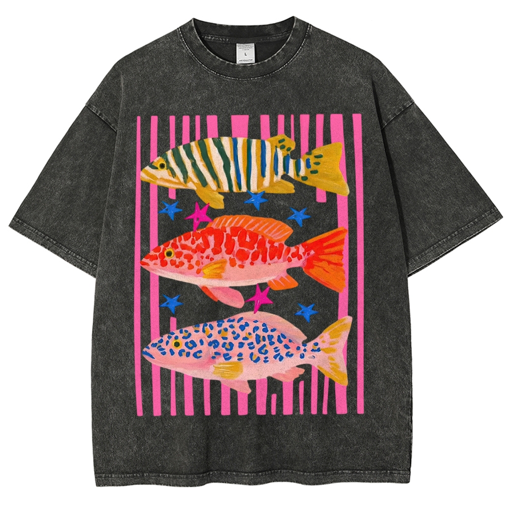 Preppy Colorful Tropical Fish Pink Striped Vintage Washed T-Shirt