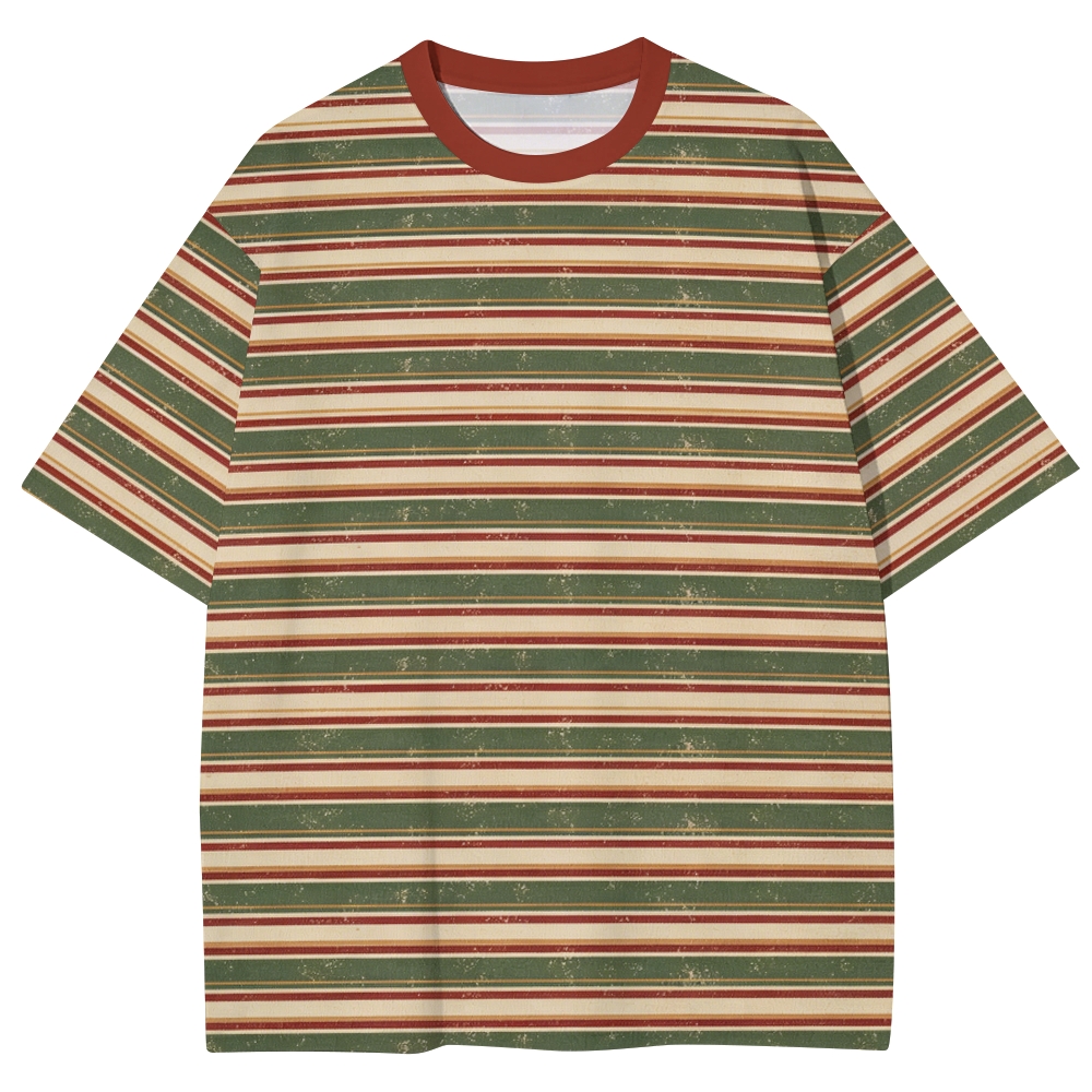 Vintage Forest Red Earth Tone Distressed Striped Unisex Print T-Shirt