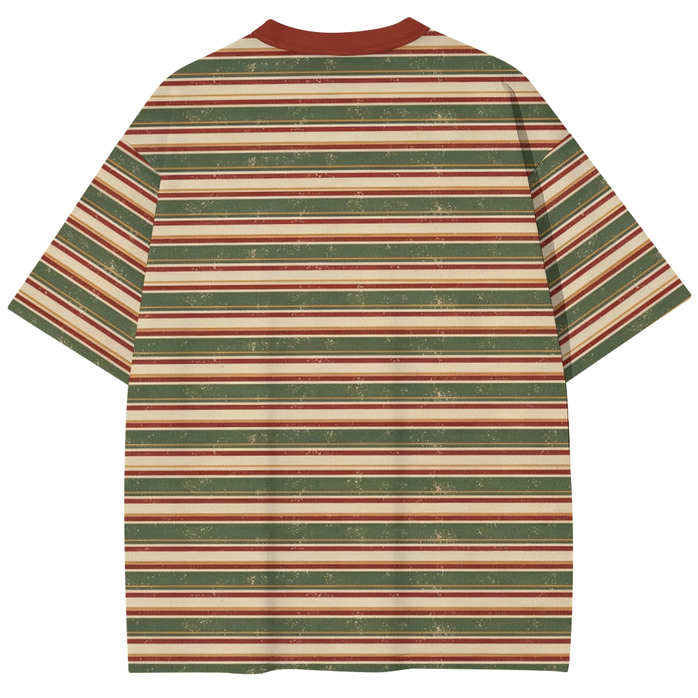 Vintage Forest Red Earth Tone Distressed Striped Unisex Print T-Shirt