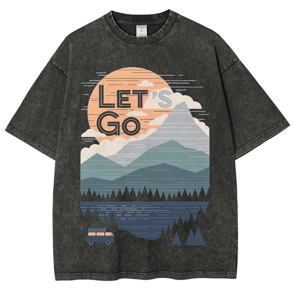 Minimal Retro Mountain Lake Van Camping "Let’s Go" Landscape Denim  Vintage Washed T-Shirt