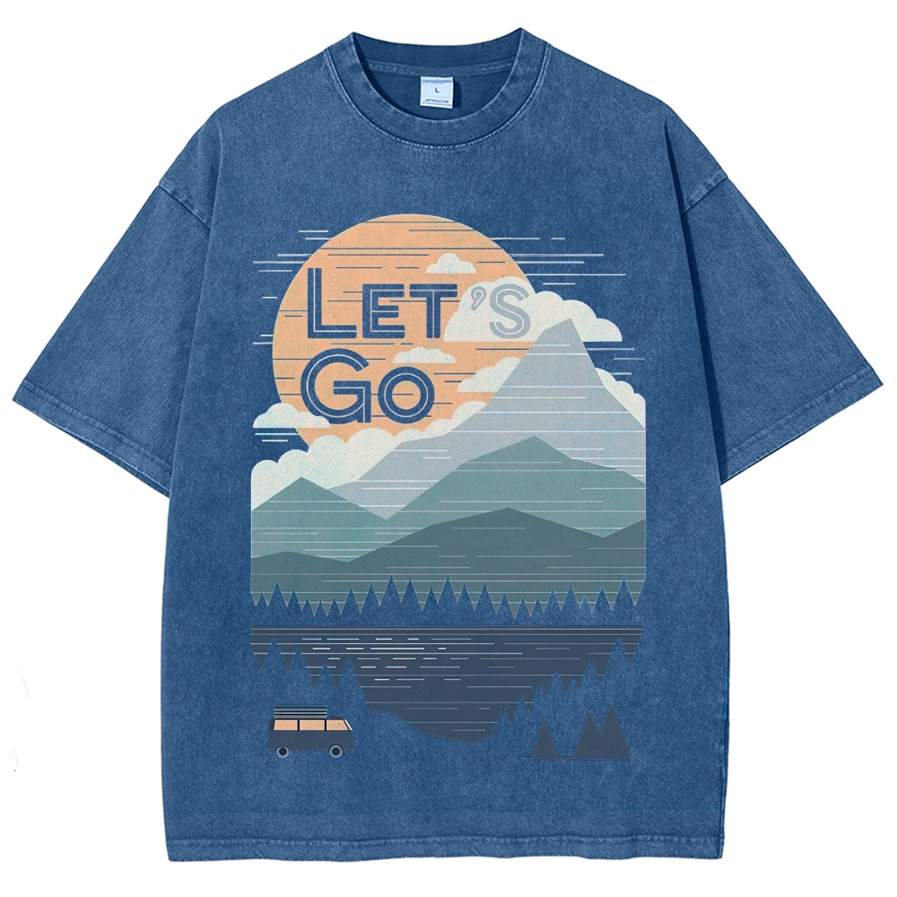 Minimal Retro Mountain Lake Van Camping "Let’s Go" Landscape Denim  Vintage Washed T-Shirt