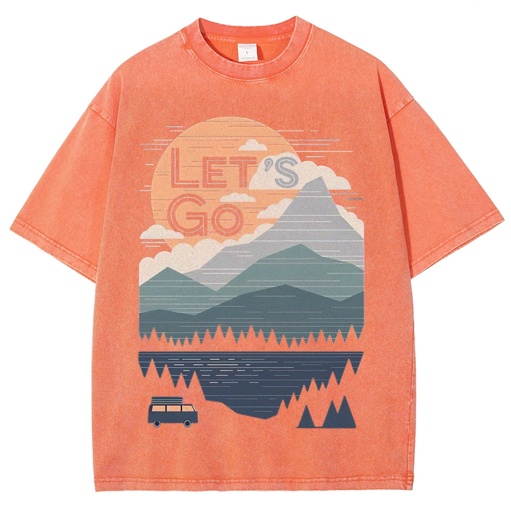 Minimal Retro Mountain Lake Van Camping "Let’s Go" Landscape Denim  Vintage Washed T-Shirt