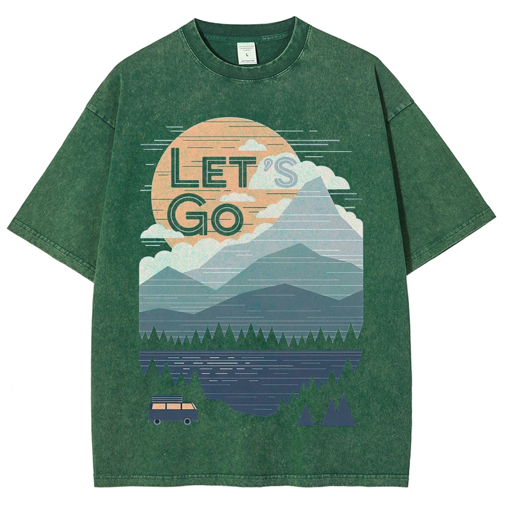 Minimal Retro Mountain Lake Van Camping "Let’s Go" Landscape Denim  Vintage Washed T-Shirt