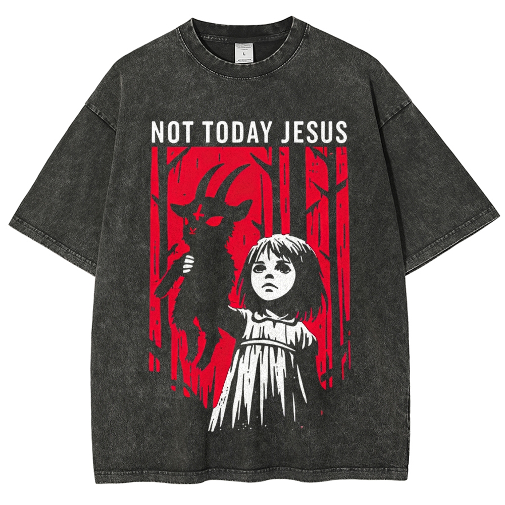 Dark Forest Girl Holding Goat "Not Today Jesus" Horror Gothic Charcoal Vintage Washed T-Shirt