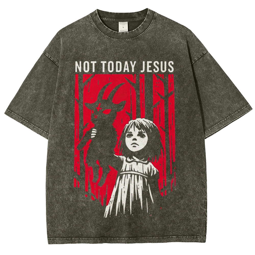 Dark Forest Girl Holding Goat "Not Today Jesus" Horror Gothic Charcoal Vintage Washed T-Shirt