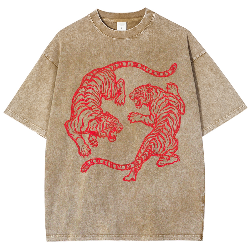 Yin Yang Dual Fighting Red Line Art Tiger Vintage Washed T-Shirt
