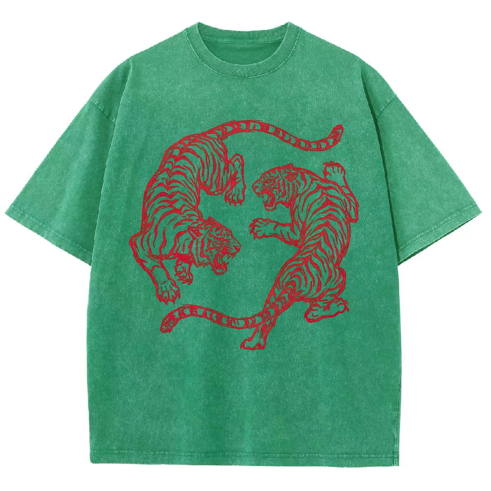 Yin Yang Dual Fighting Red Line Art Tiger Vintage Washed T-Shirt