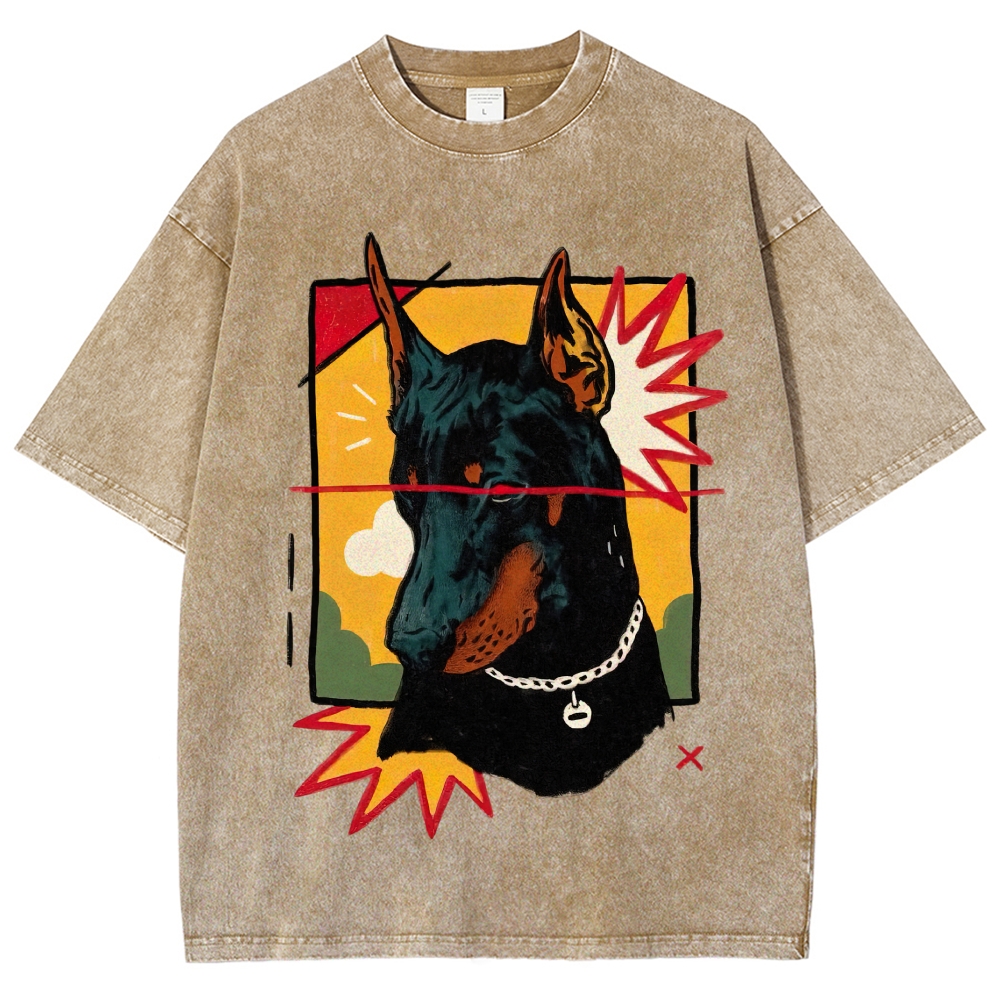 Pop Art Doberman Pinscher Chain Collar Khaki Distressed Vintage Washed T-Shirt