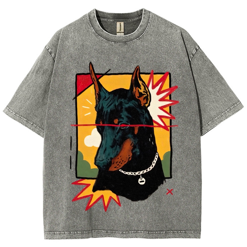 Pop Art Doberman Pinscher Chain Collar Khaki Distressed Vintage Washed T-Shirt