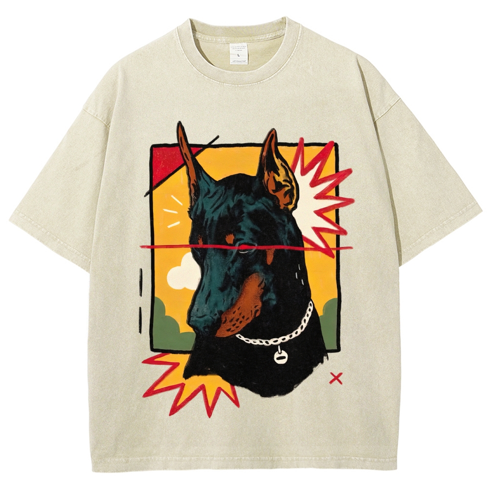 Pop Art Doberman Pinscher Chain Collar Khaki Distressed Vintage Washed T-Shirt