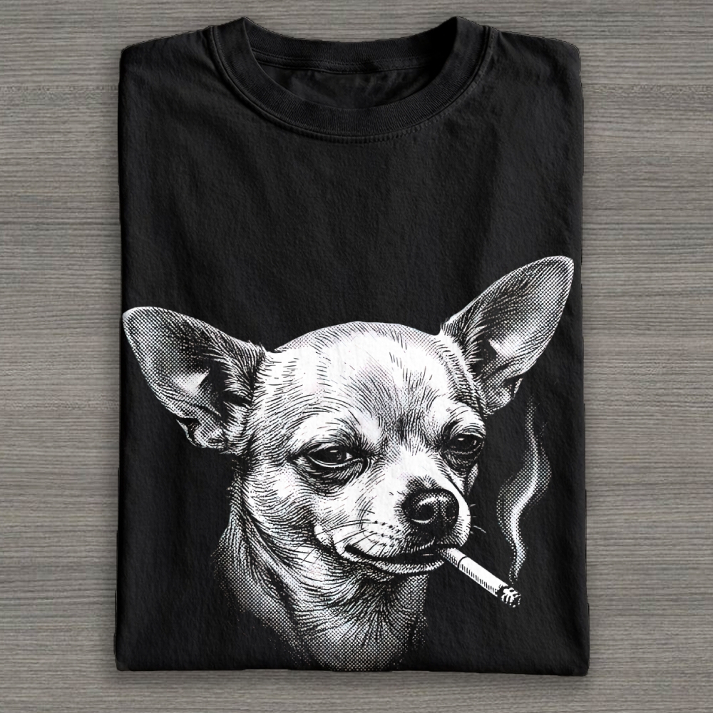 Halftone Sketch Smoking Chihuahua Cotton T-shirt 