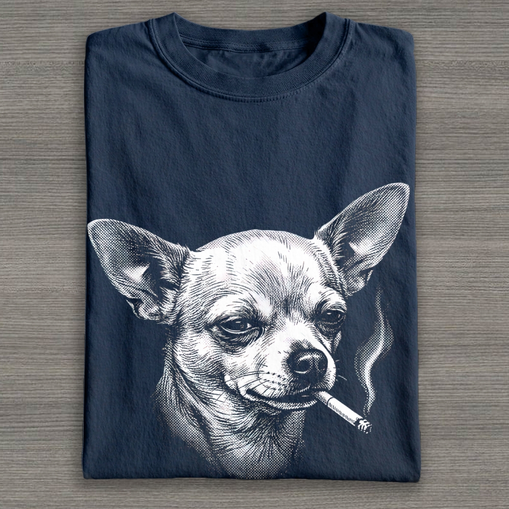 Halftone Sketch Smoking Chihuahua Cotton T-shirt 