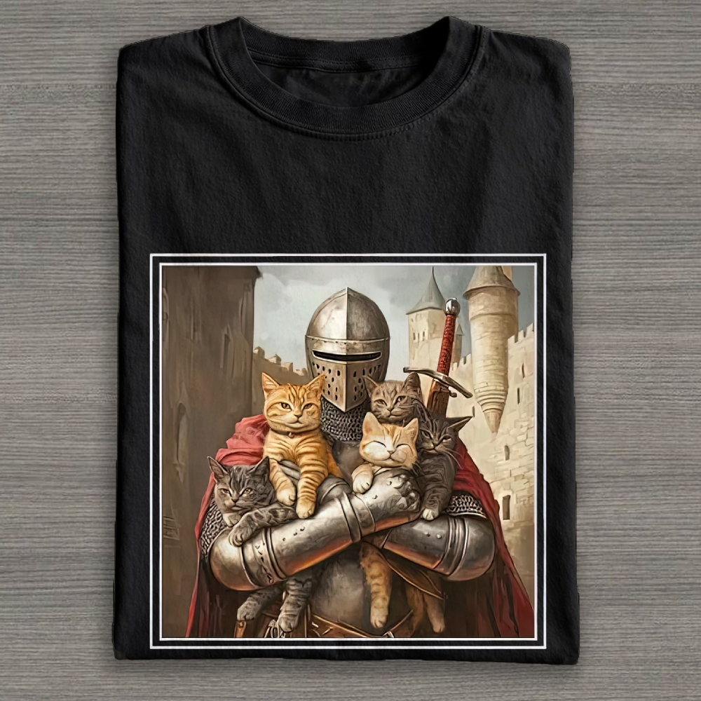 Medieval Armored Knight Holding Kittens Castle Cotton T-shirt