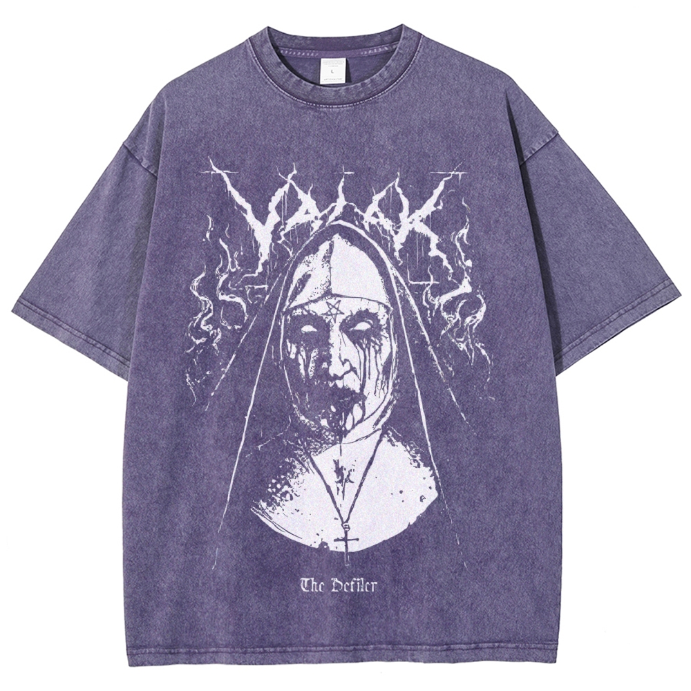 Black Metal Grunge Demonic Nun Horror Graphic Distressed Charcoal Acid Vintage Washed T-Shirt