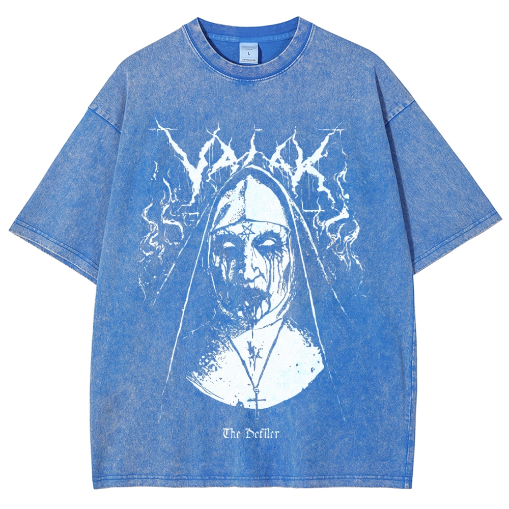 Black Metal Grunge Demonic Nun Horror Graphic Distressed Charcoal Acid Vintage Washed T-Shirt
