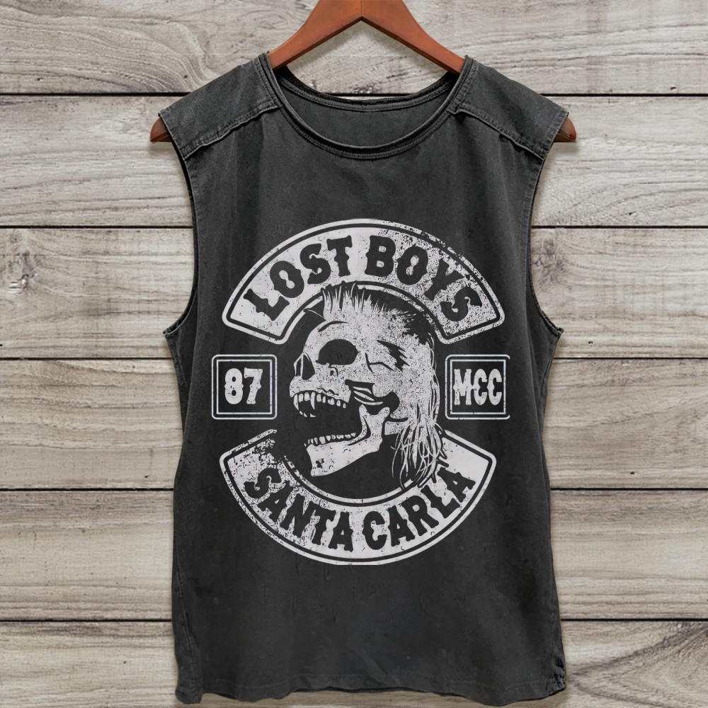 Distressed Biker Emblem Mullet Vampire Skull "Lost Boys Santa Carla 87 MCC" Sleeveless Washed Tank Top