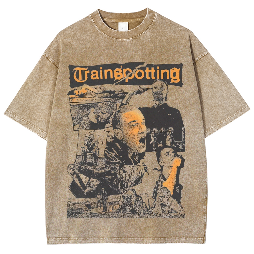 Collage Cult Film Character Montage Orange Font Distressed Vintage Washed T-Shirt