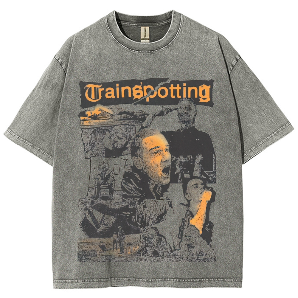 Collage Cult Film Character Montage Orange Font Distressed Vintage Washed T-Shirt