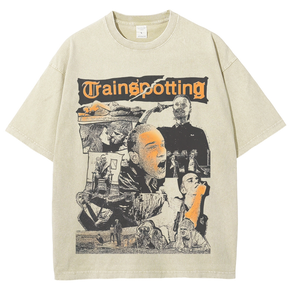 Collage Cult Film Character Montage Orange Font Distressed Vintage Washed T-Shirt