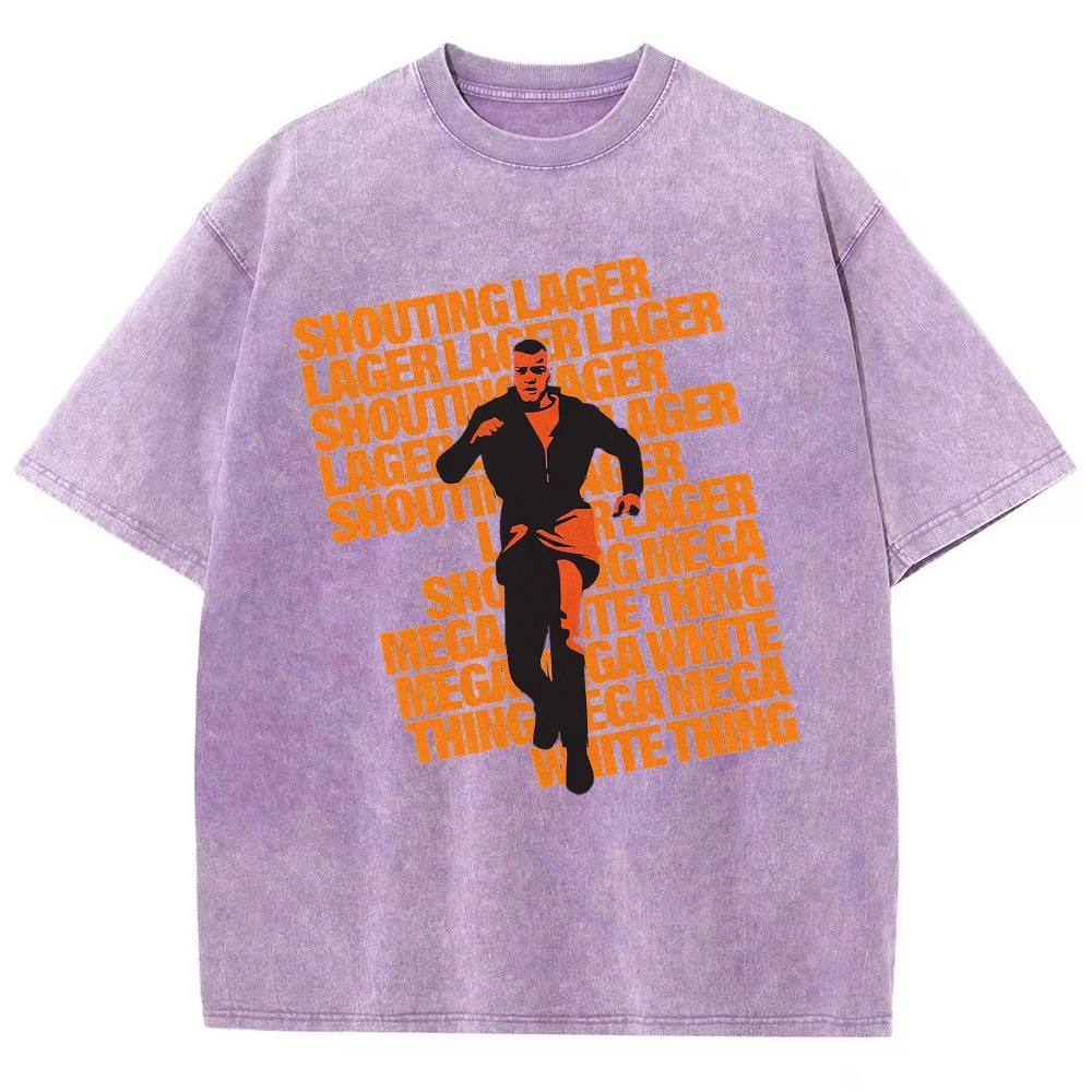 Retro Running Man Silhouette Repeating Orange Quote Denim Acid Vintage Washed T-Shirt