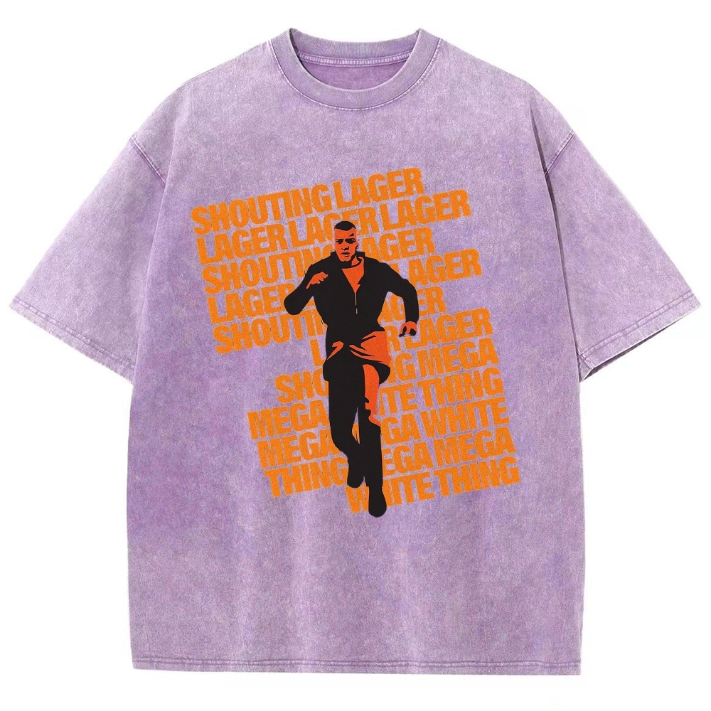 Retro Running Man Silhouette Repeating Orange Quote Denim Acid Vintage Washed T-Shirt