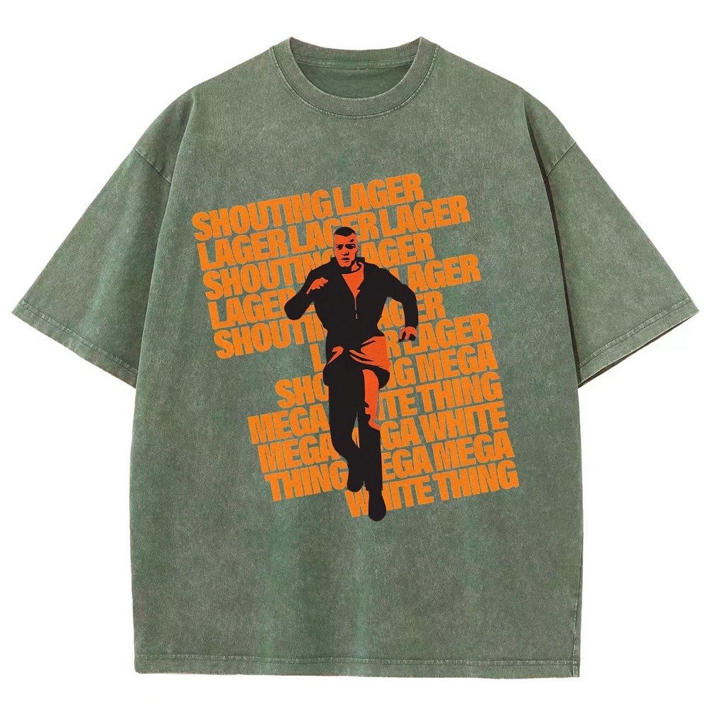 Retro Running Man Silhouette Repeating Orange Quote Denim Acid Vintage Washed T-Shirt
