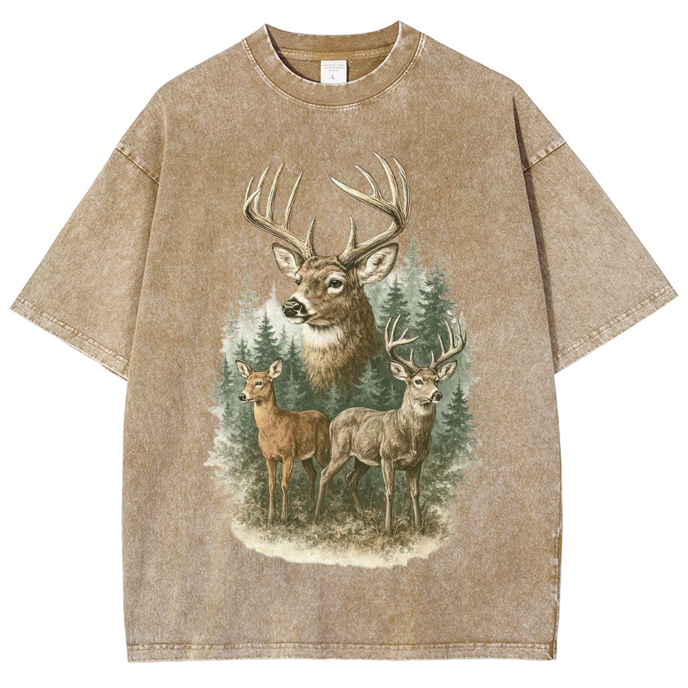 Watercolor Forest Stag Deer Trio Nature Off White Distressed Vintage Washed T-Shirt