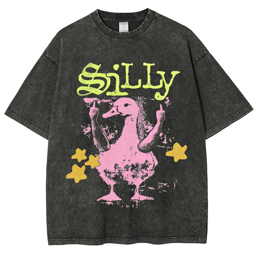 Grunge Pink Middle Finger Duck "Silly" Neon Letter Distressed Charcoal Vintage Washed T-Shirt