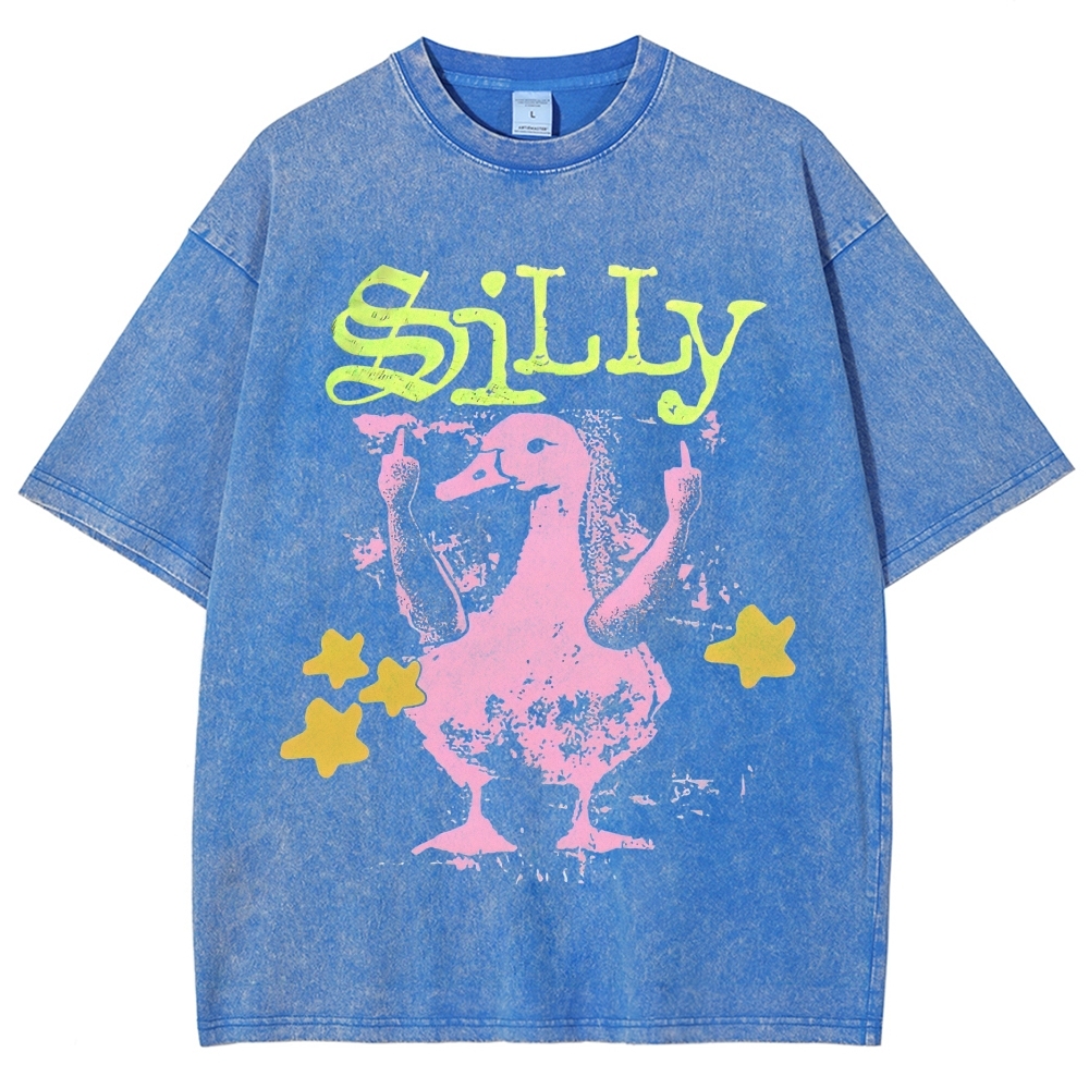 Grunge Pink Middle Finger Duck "Silly" Neon Letter Distressed Charcoal Vintage Washed T-Shirt