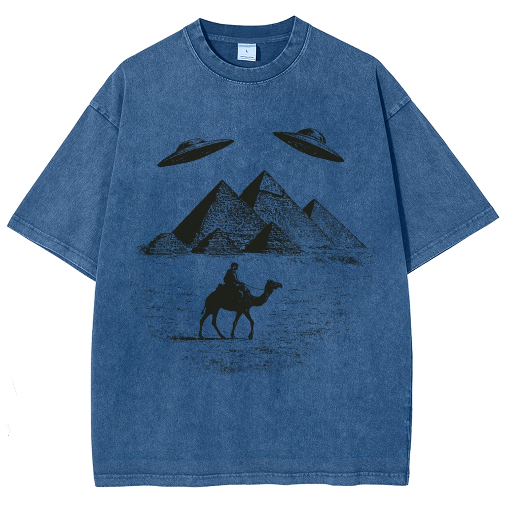 UFO Pyramid Camel Desert Woodcut Off White Distressed Vintage Washed T-Shirt