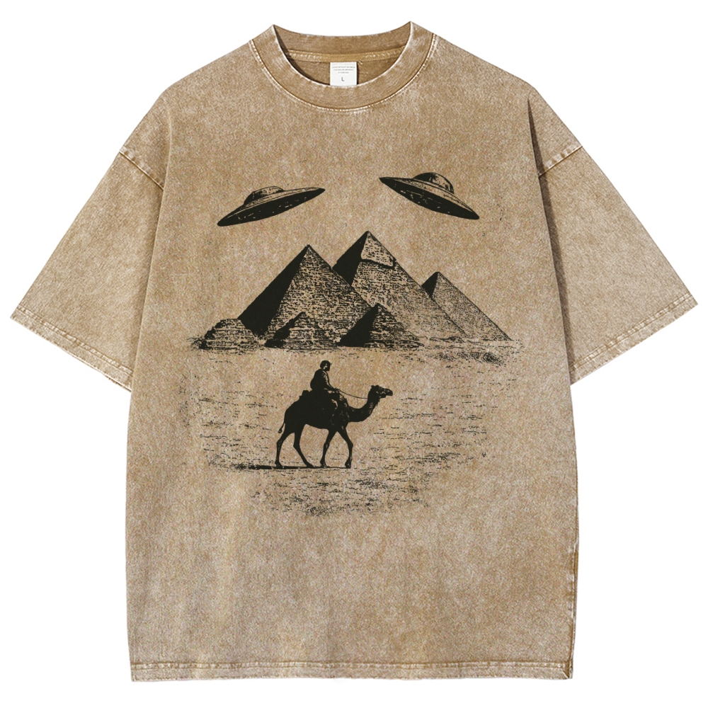 UFO Pyramid Camel Desert Woodcut Off White Distressed Vintage Washed T-Shirt
