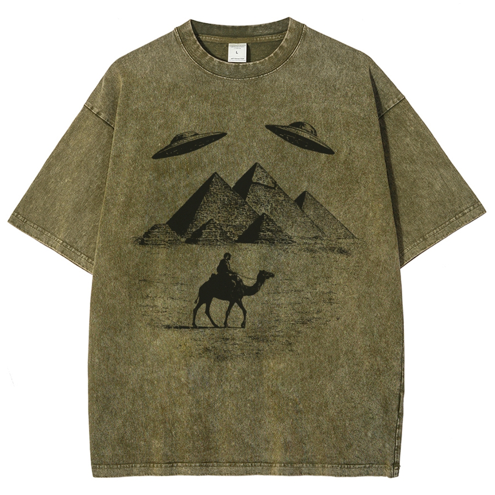UFO Pyramid Camel Desert Woodcut Off White Distressed Vintage Washed T-Shirt